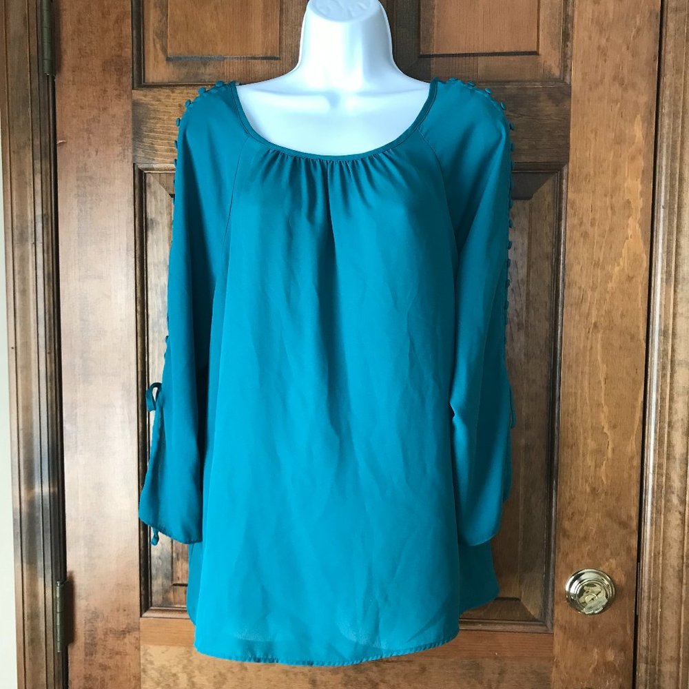 Zac & Rachel Teal Blouse w/Button Close & Self-Tie Sleeves XL